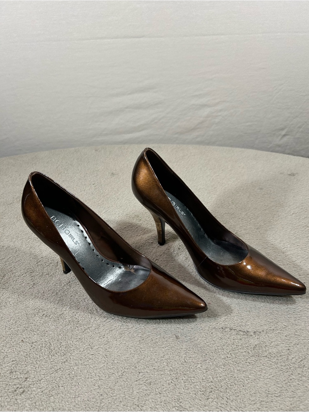 BCBGirls Womens 5.5B Bronze Brown Patent Pointed Toe Pumps Stiletto Heels